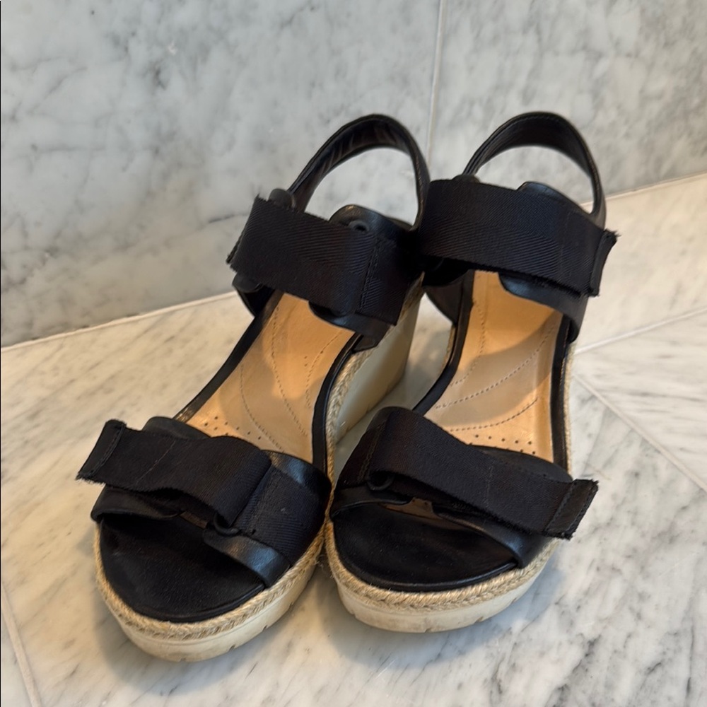 Clarks Black Wedge Espadrille Sandals with Adjustable Straps